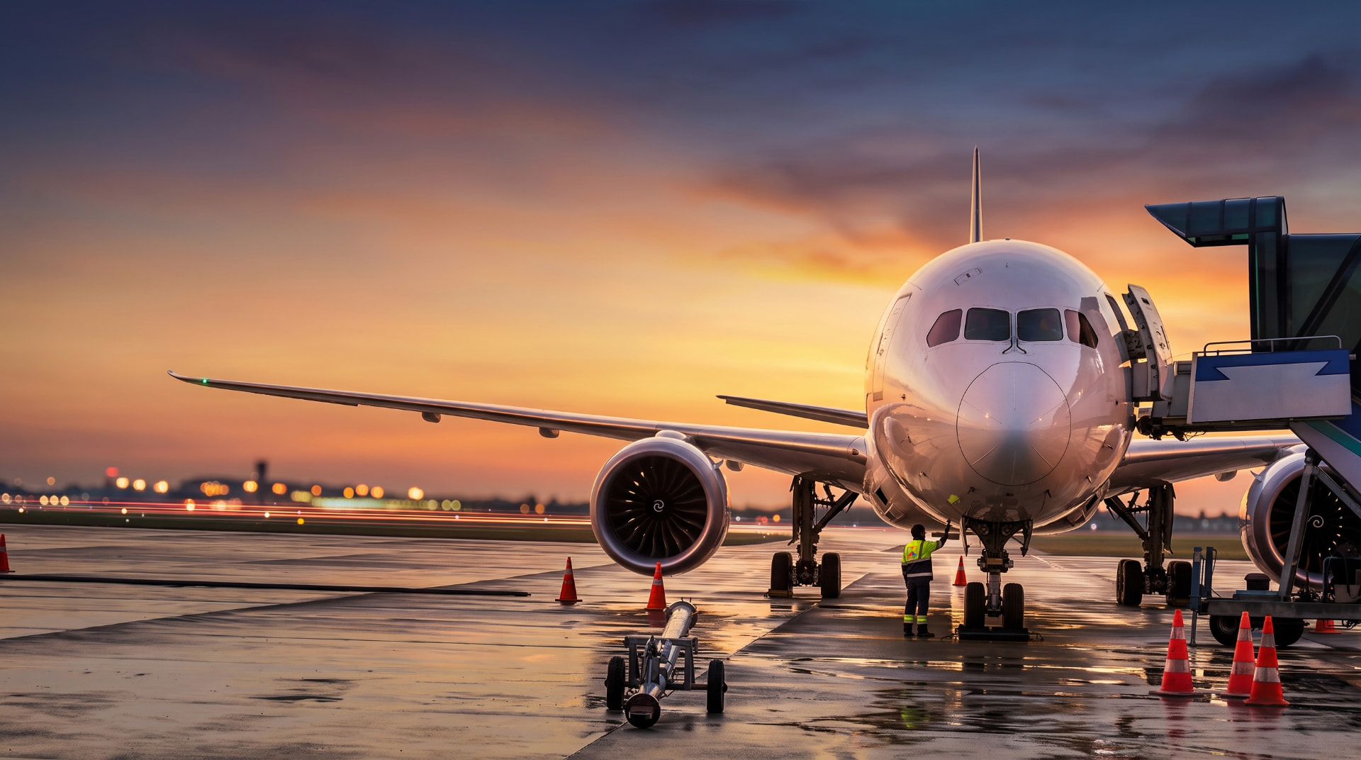 Commercial aircraft on a wet airport apron at sunset with ground crew and jet bridge