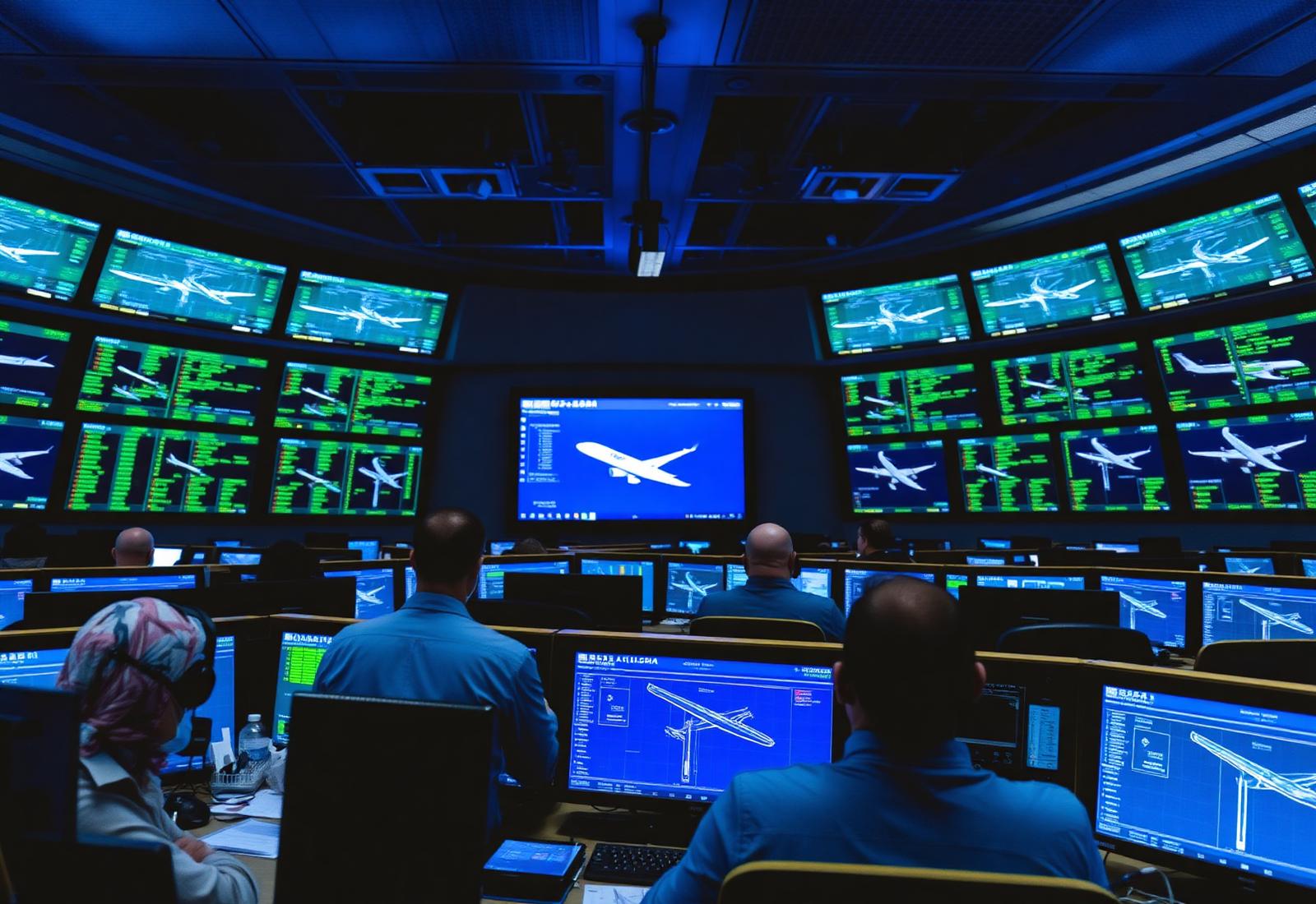 Airport operations control room with flight monitoring screens